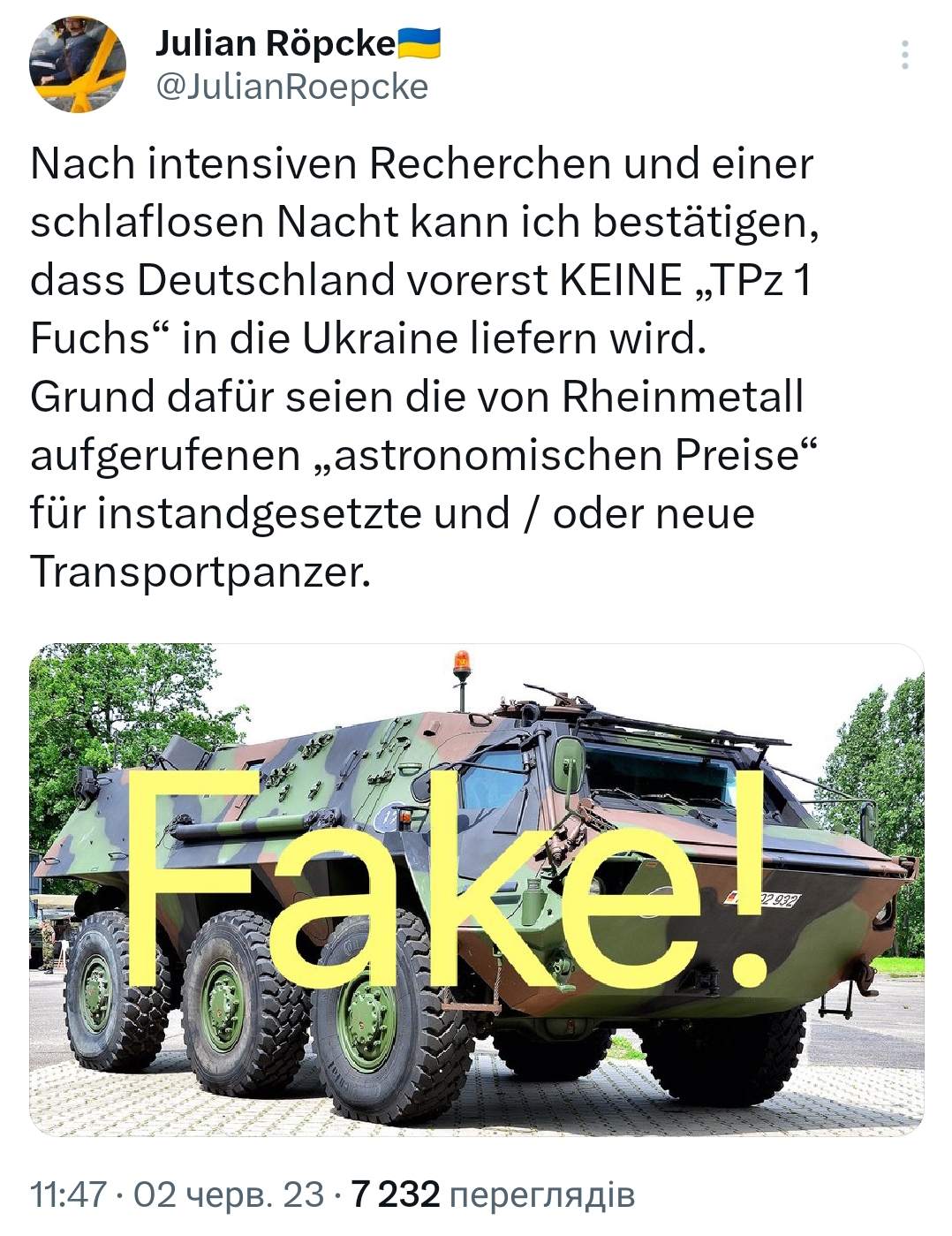 Повідомлення від Юліана Рьопке з видання Bild