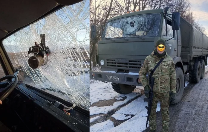 Український FPV дрон застряг у лобовому склі російської військової вантажівки