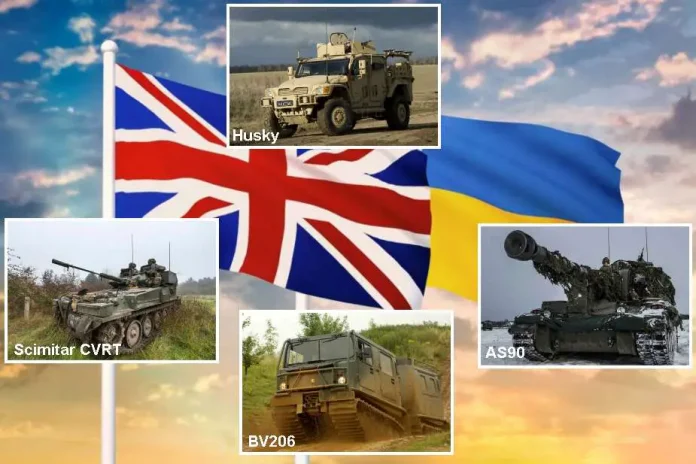 Новий пакет військової допомоги Великобританії Україні включає 155-мм гаубиці AS90, розвідувальні броньовані машини Scimitar, бронетранспортери Husky 4x4 та всюдиходи BV206/Viking