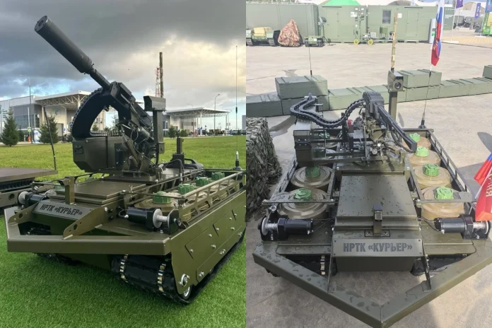 НРТК «Кур’єр», який, як повідомляється, може бути оснащений АГС-17 / АГС-30, НСВТ, ПКТ, РПО, РПГ, ТМ-62 і ТМ-83, а також системами РЕБ (Джерело фото: Канал ВК @Осведомитель)
