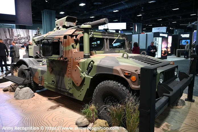 Американська компанія AM General демонструє свою 105-мм мобільну гаубицю HUMVEE 2-CT Hawkeye під час оборонної виставки AUSA 2024 у Вашингтоні (Джерело зображення: Army Recognition Group)