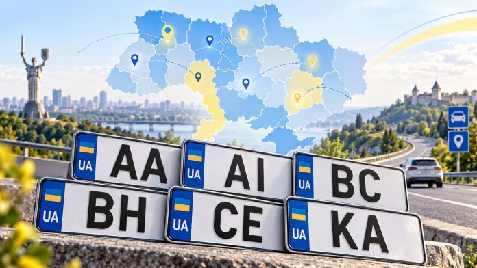 Коди автомобільних номерів України за регіонами Українські номерні знаки з кодами регіонів AA, AI, BC, BH, CE, KA на тлі карти областей України