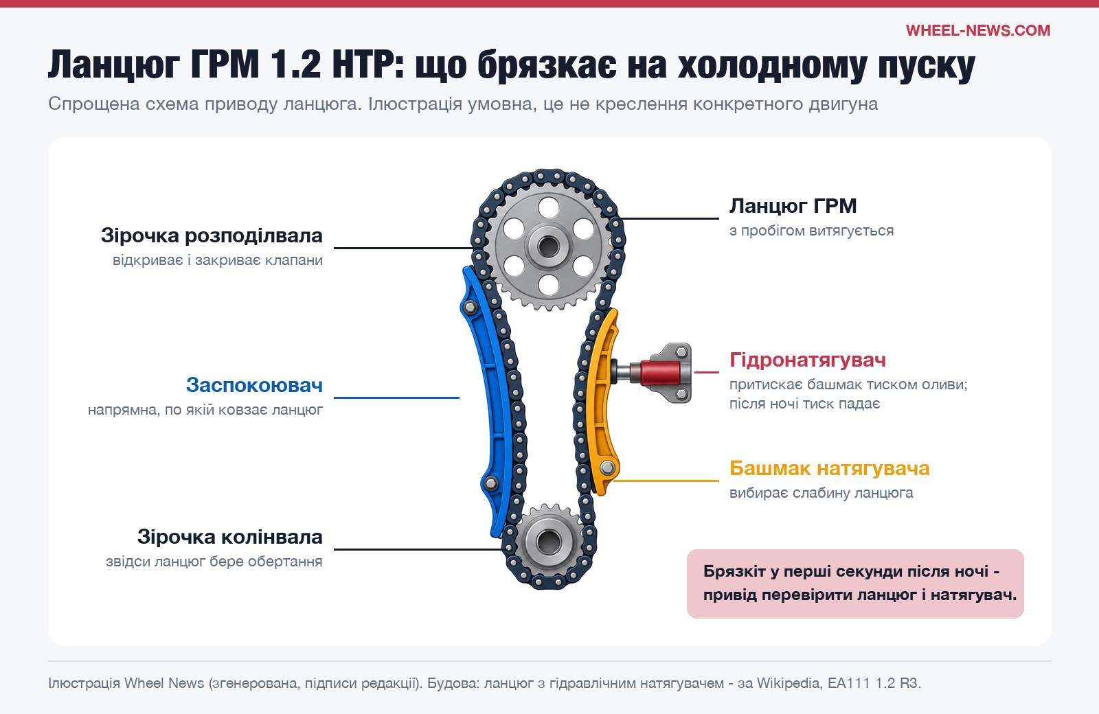 Схема приводу ланцюга ГРМ: зірочки, ланцюг, заспокоювач, башмак і гідронатягувач - що брязкає на холодному пуску 1.2 HTP