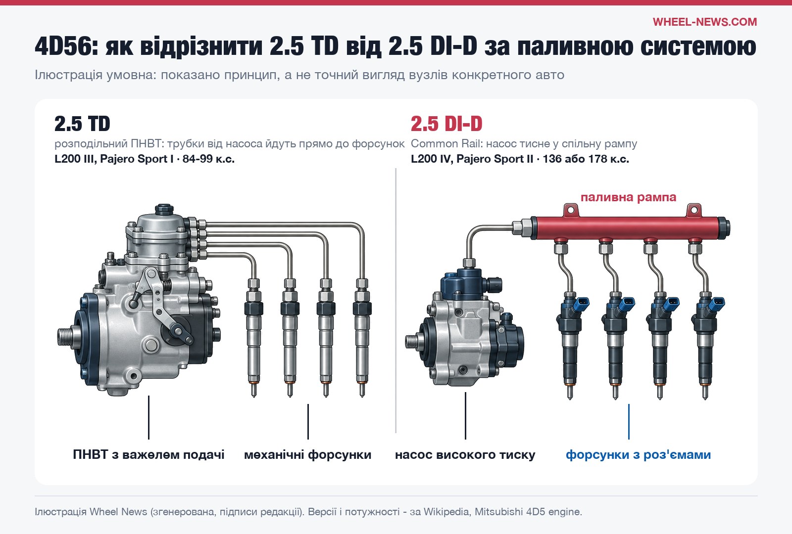 Як відрізнити 4D56 2.5 TD від 2.5 DI-D: розподільний ПНВТ з трубками до форсунок і паливна рампа Common Rail