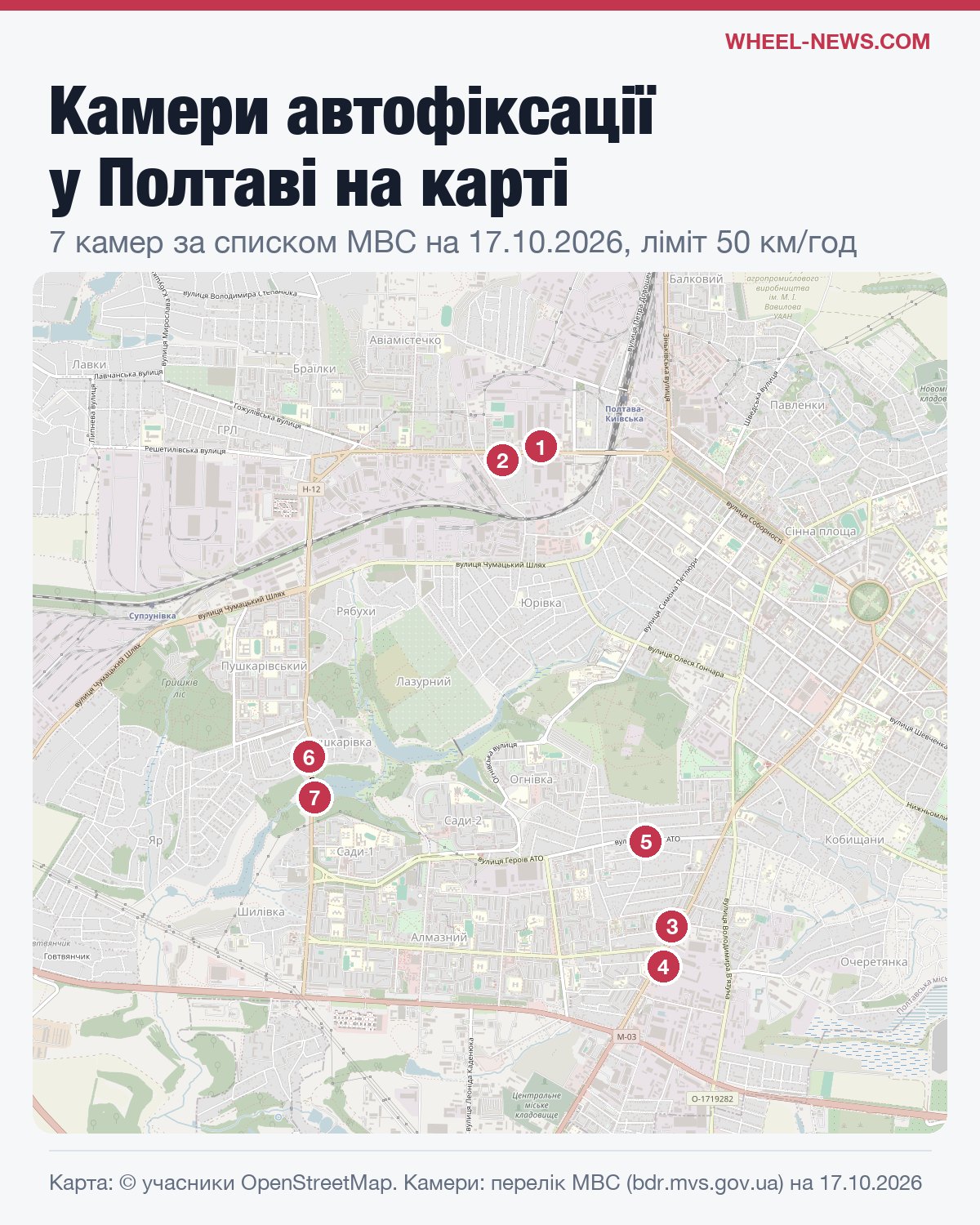 Карта камер автофіксації в Полтаві з номерами за таблицею