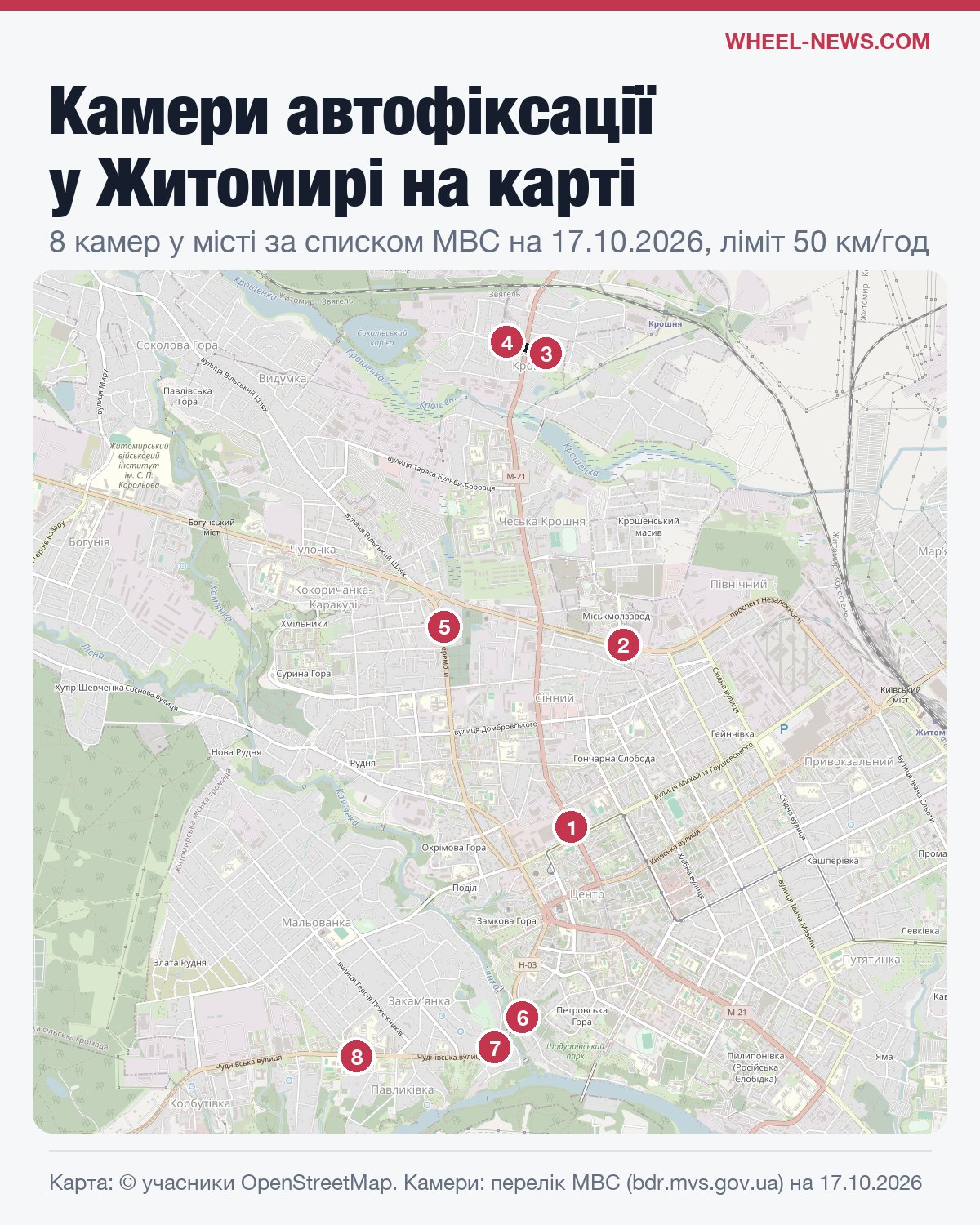 Карта камер автофіксації в Житомирі з номерами за таблицею